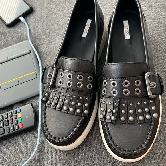 Geox Black Leather Studded Fringe Loafer Sneakers - Picture 4 of 5